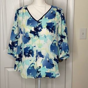 3/4 Sleeve Sheer Watercolor Blue Blouse